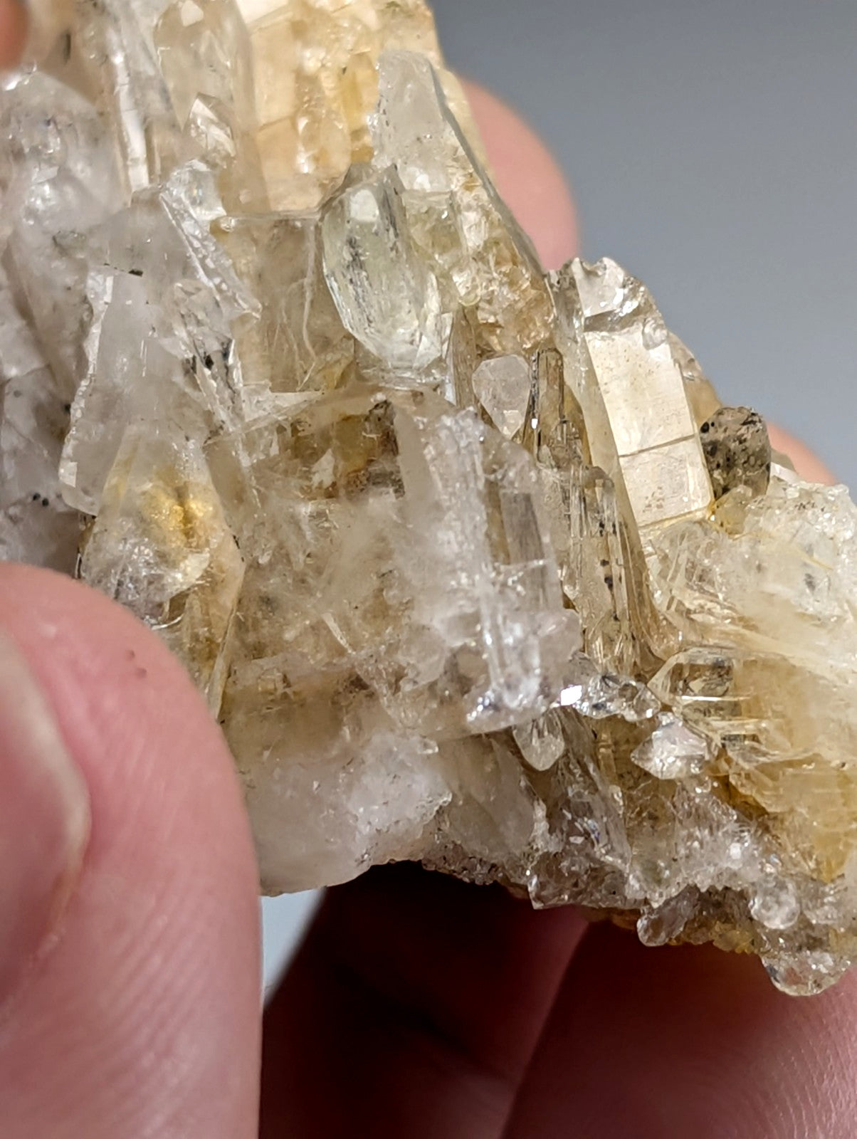 A cluster of translucent pale yellow and clear quartz crystals with sharp faceted edges held in a hand from saline county arkansas