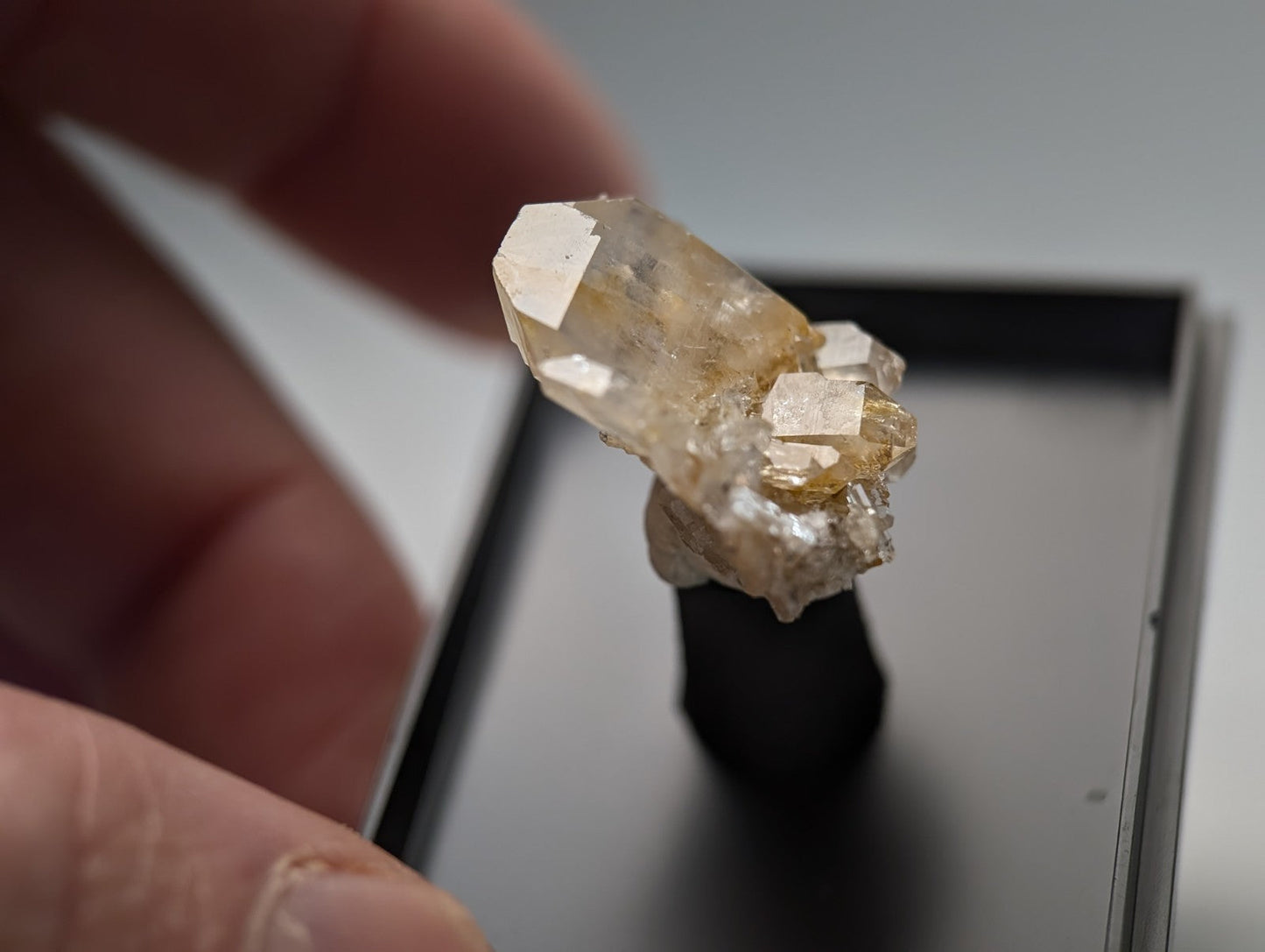 A translucent, golden-yellow crystal cluster with sharp facets and a rough, mineral-rich base.
