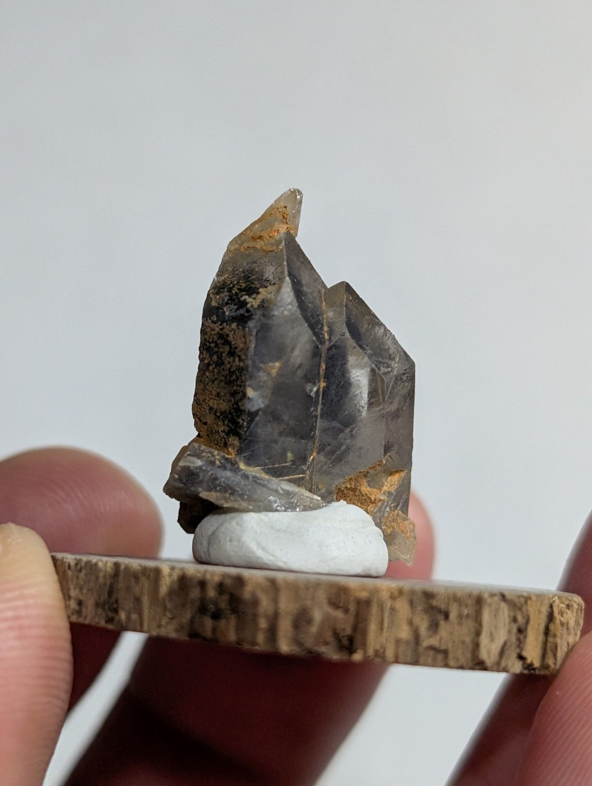A dark, translucent quartz crystal cluster with golden-brown mineral inclusions sits atop a white clay base on a rustic wooden display stand.