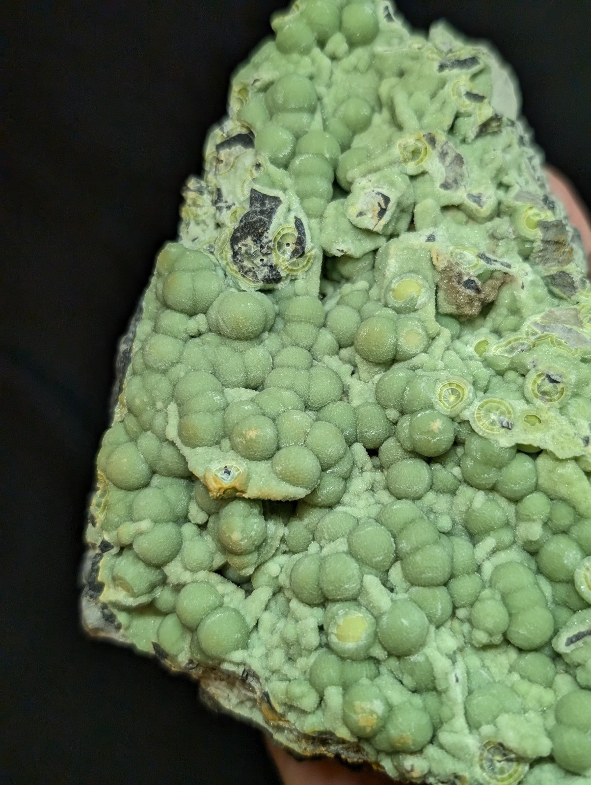 A vibrant green, bumpy mineral specimen with rounded nodules and subtle yellowish highlights.