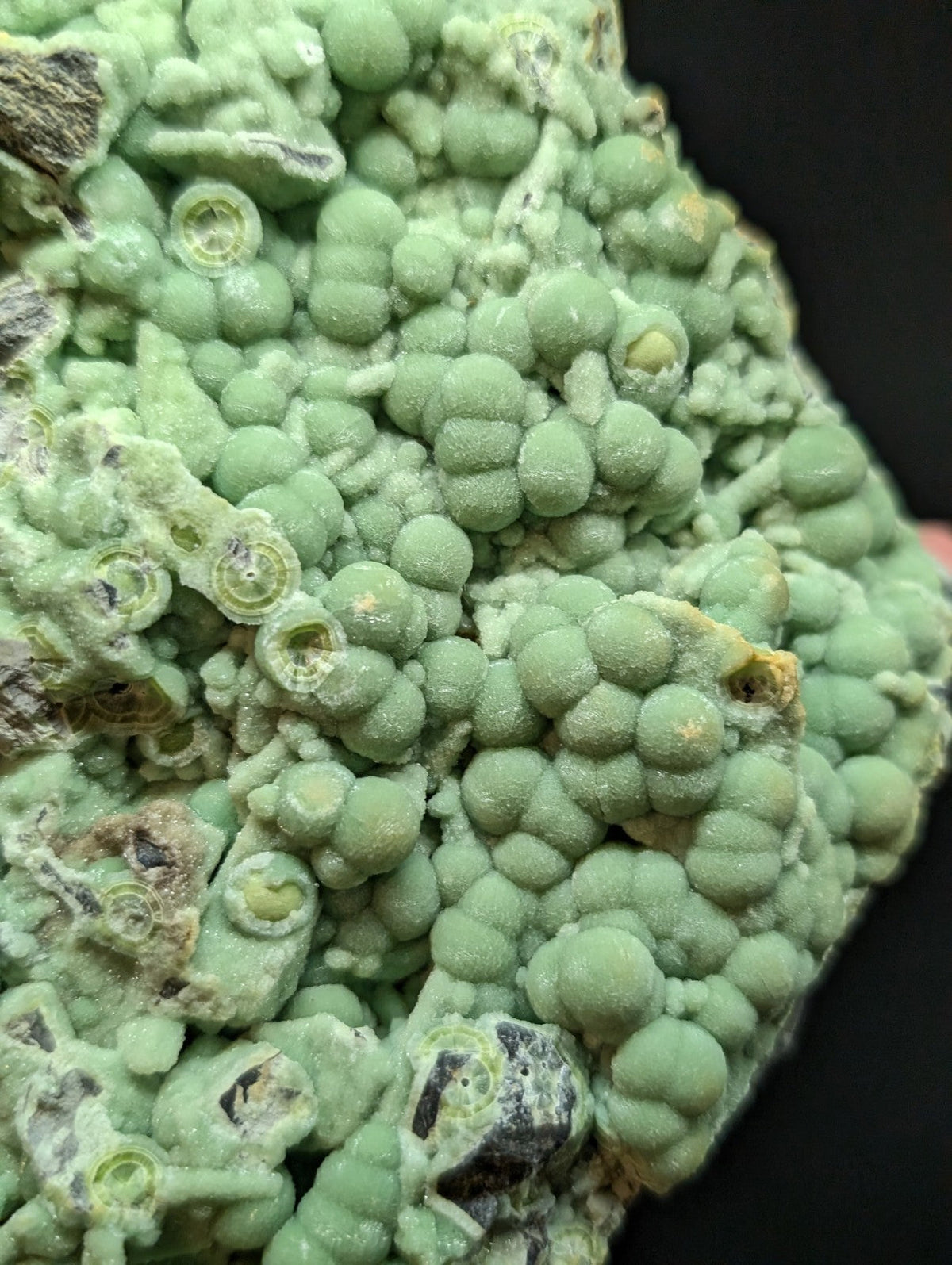 A textured, light green mineral specimen featuring rounded, bulbous formations with some hollow centers and patches of darker material.