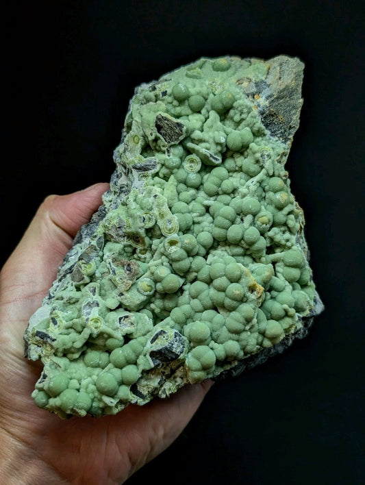 A hand holds a green, textured mineral specimen featuring numerous rounded, bulbous formations clustered together on an irregular rock base.