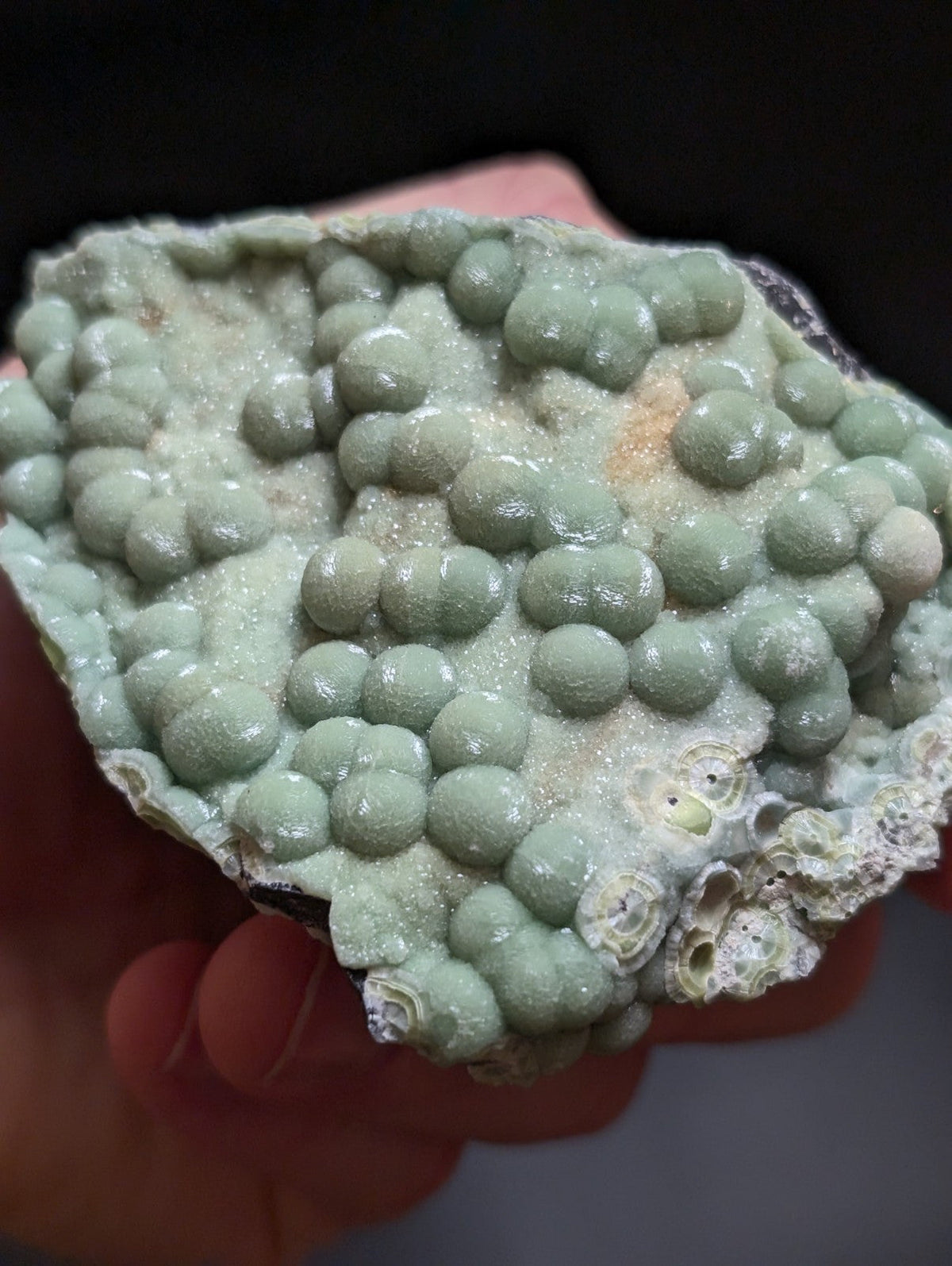 A hand holds a pale green, textured mineral specimen featuring numerous rounded, bead-like formations clustered together.
