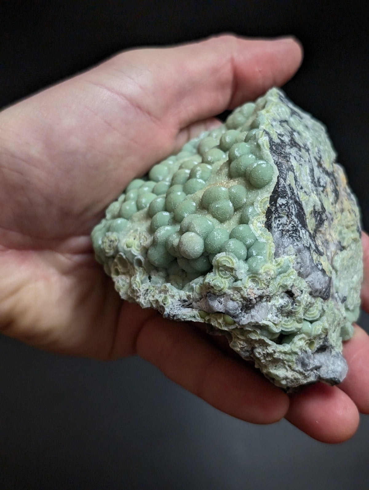 A hand holds a rough, irregularly shaped mineral specimen featuring clusters of smooth, light green spherical formations against a darker grayish matrix.