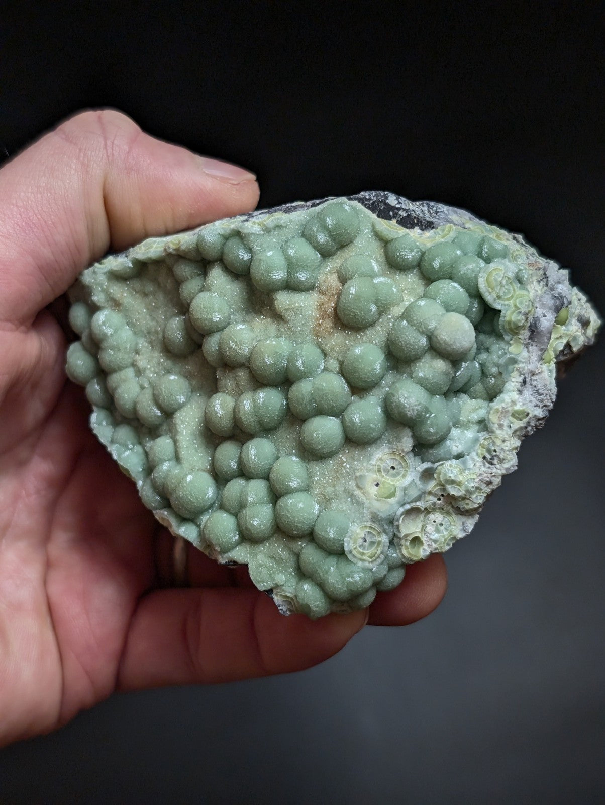 A hand holds a pale green, textured mineral specimen featuring numerous rounded, bead-like formations clustered together.