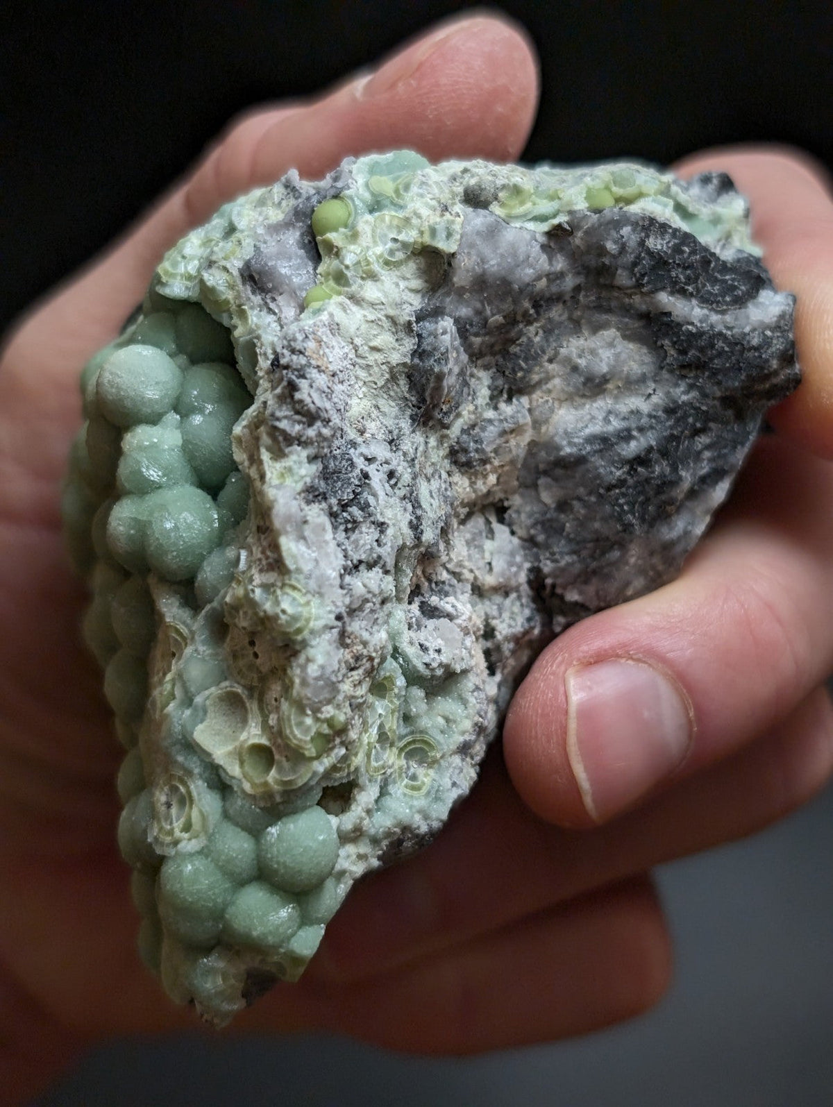 A hand holds a rough, irregularly shaped mineral specimen featuring clusters of pale green spherical formations against a mottled gray and white matrix.
