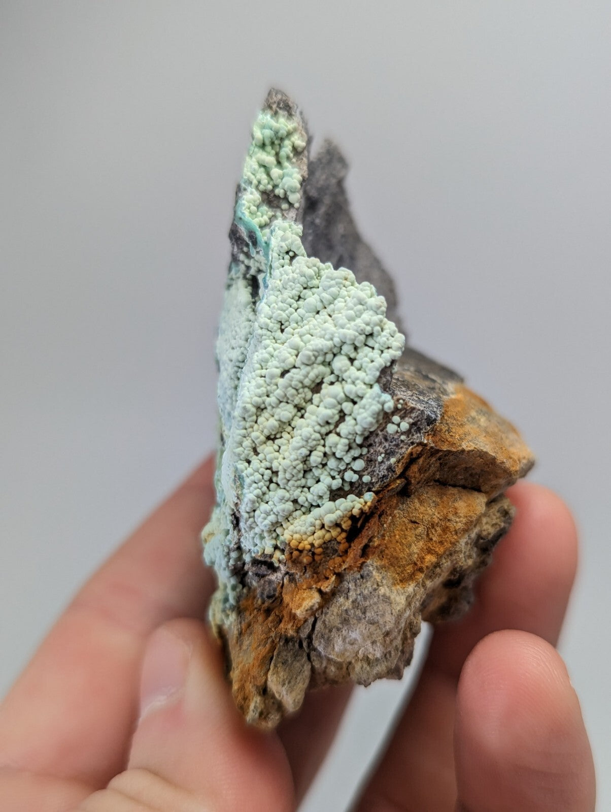 A hand holds a mineral specimen featuring vibrant greenish-blue, bumpy nodules growing over dark gray and rusty orange rock.