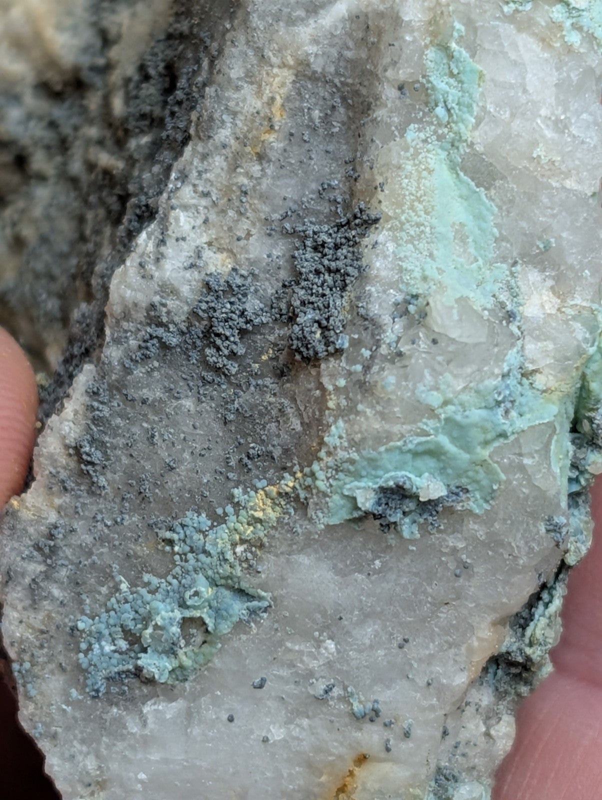 A rough, gray rock specimen with patches of greenish-blue mineral deposits and dark speckled areas.