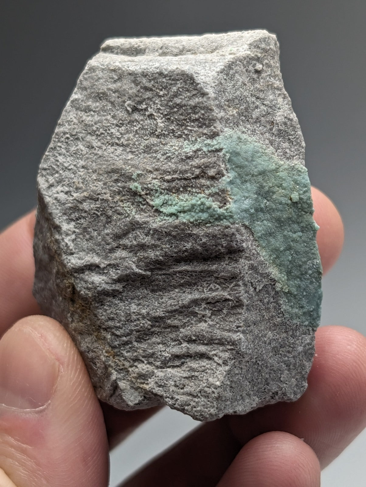 Rough gray planerite rock fragment with greenish-blue uv reactive mineral from mauldin mountain arkansas set of 2