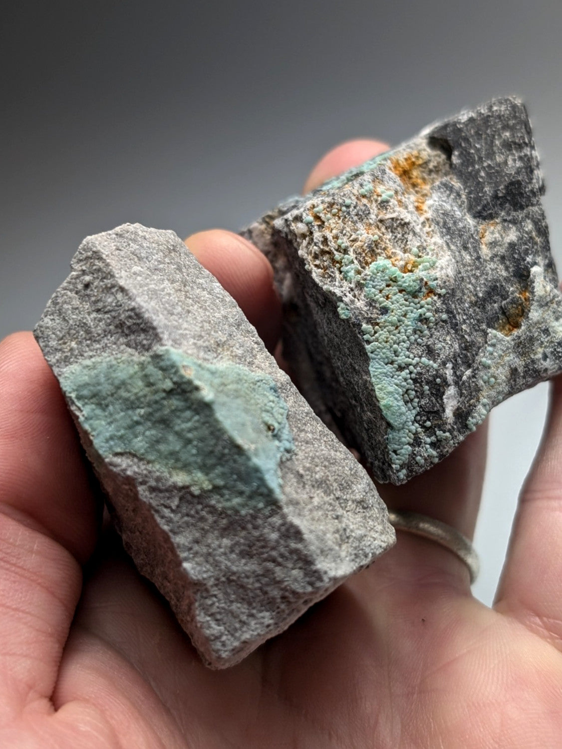 Two rough planerite mineral specimens with gray base and turquoise-green patina from mauldin mountain, arkansas, uv reactive