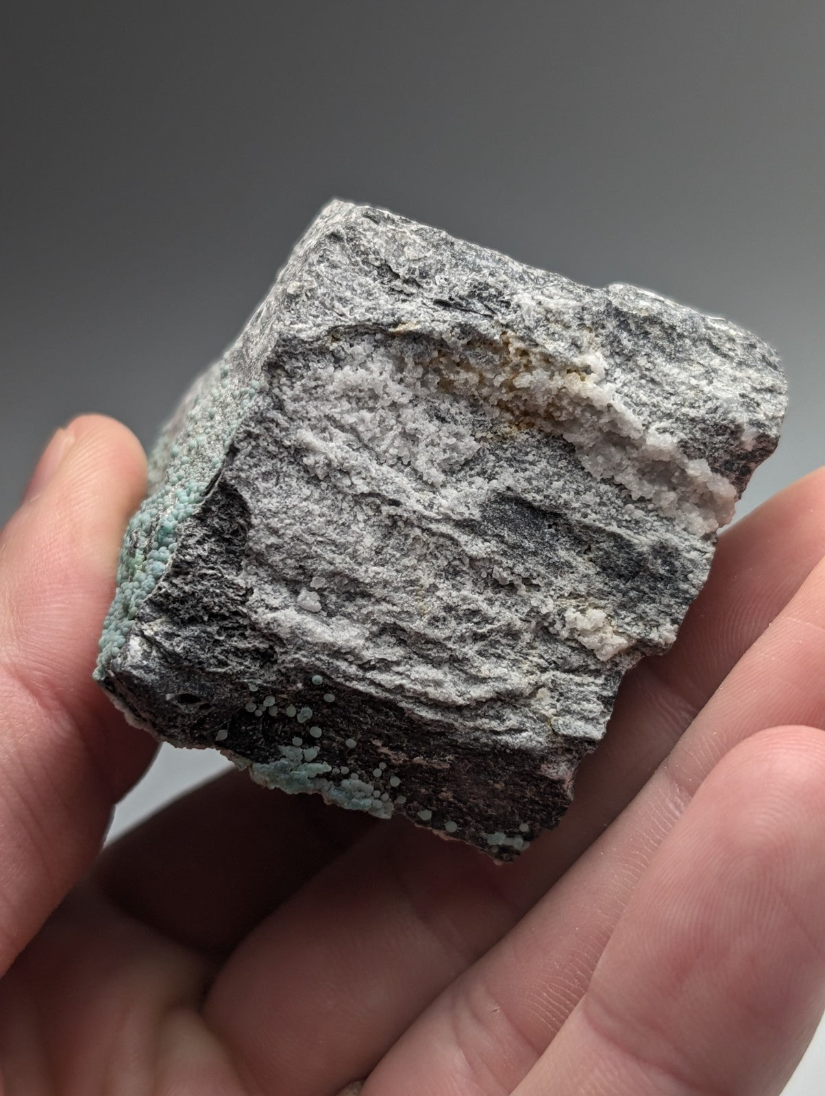 Planerite mineral specimen set of 2 with mottled gray green surface and white veining from mauldin mountain arkansas uv reactive