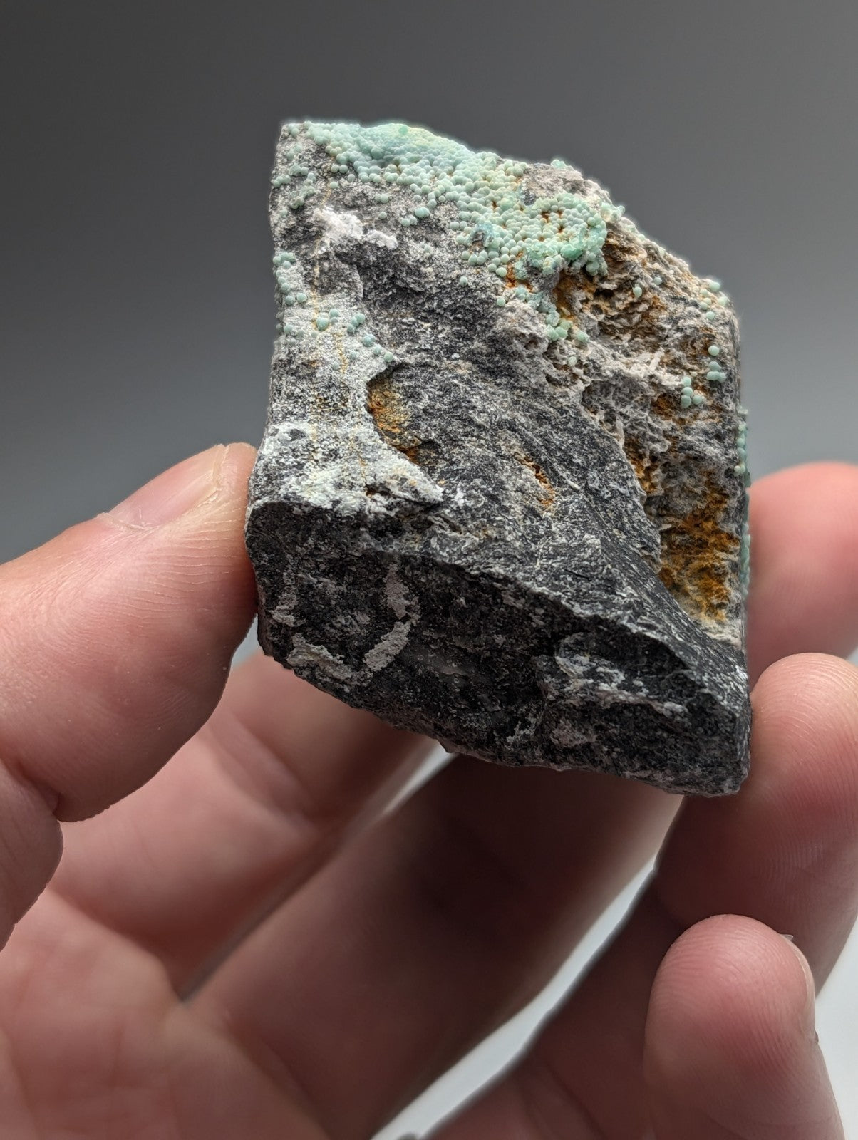 Planerite set of 2 with dark gray base and vibrant green patina from mauldin mountain uv reactive mineral specimen