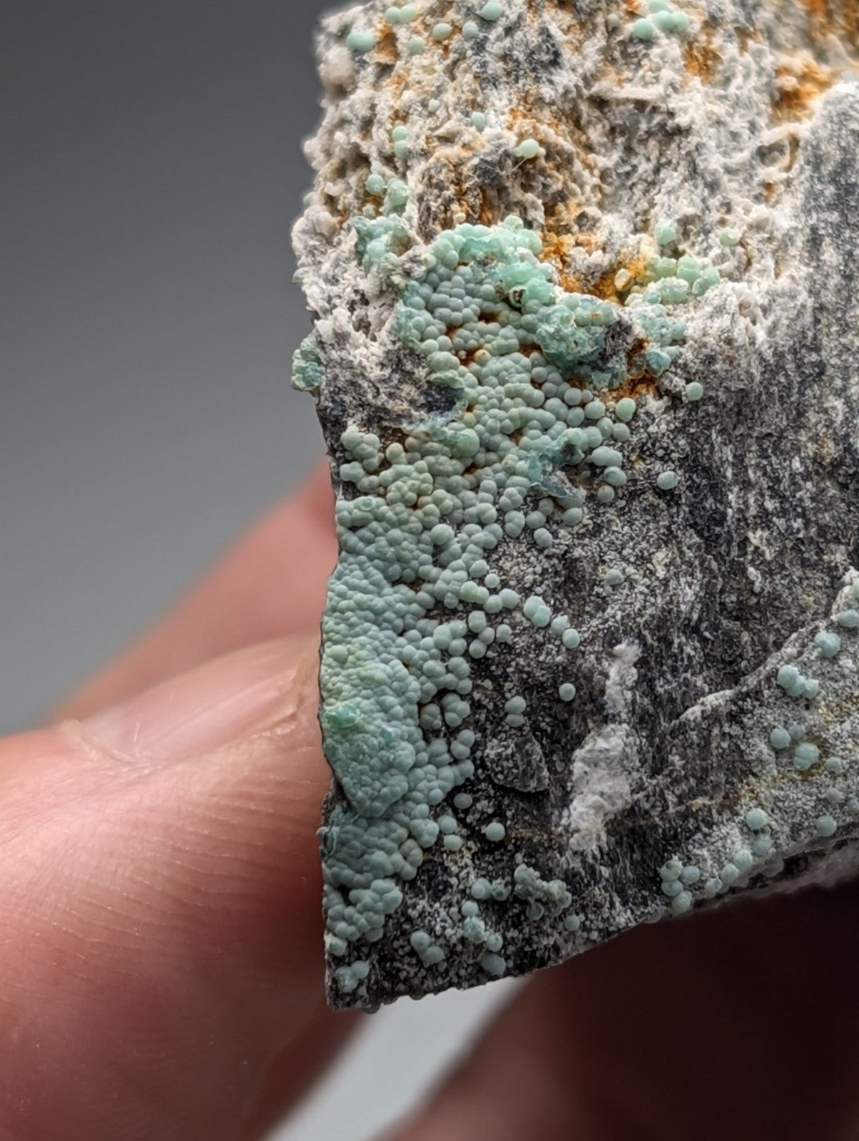 Planerite set of 2 with light green bead-like formations on dark gray and white rocky base from Mauldin Mountain Arkansas UV reactive