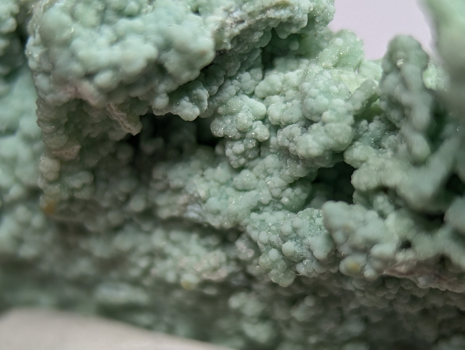 A textured, light green mineral specimen with a crystalline, bubbly surface.