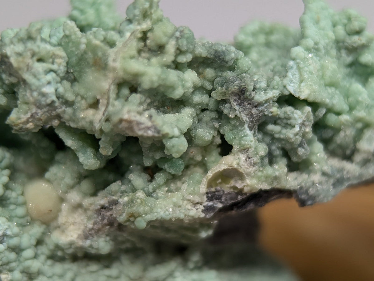 A textured, light green mineral specimen with a crystalline surface and patches of darker grayish areas.