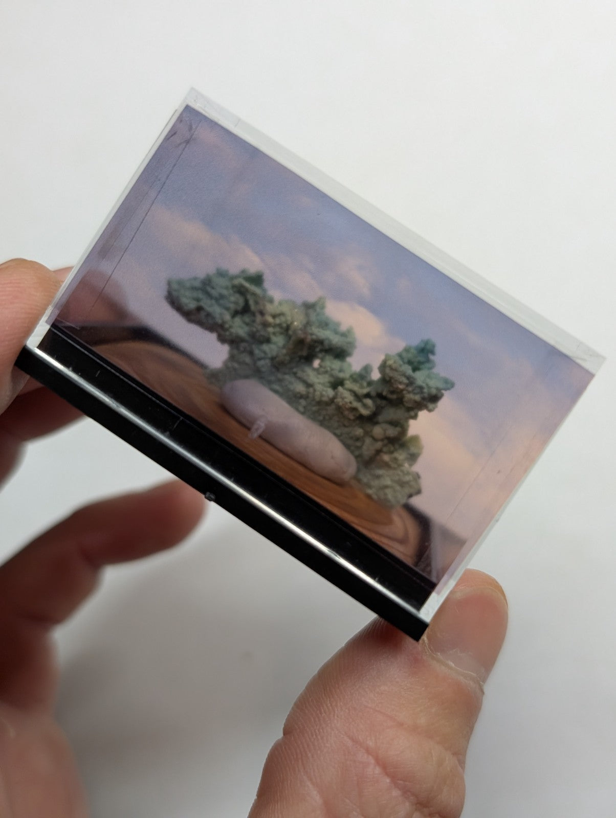 A miniature diorama in a clear plastic case, featuring greenish-blue sculpted rock formations on a wooden base against a painted sky backdrop.