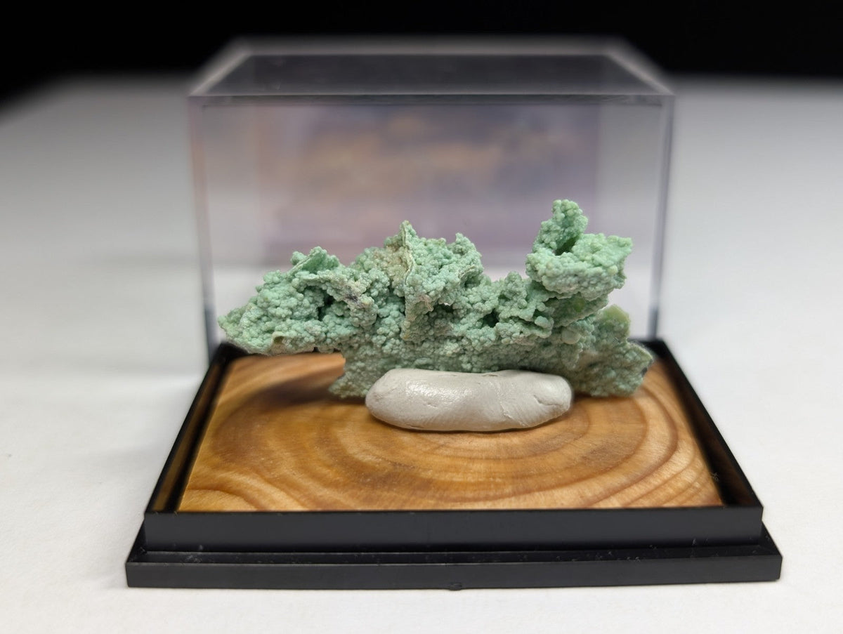 A delicate, light green mineral specimen with a textured, branching surface rests on a smooth white stone atop a wooden display base.