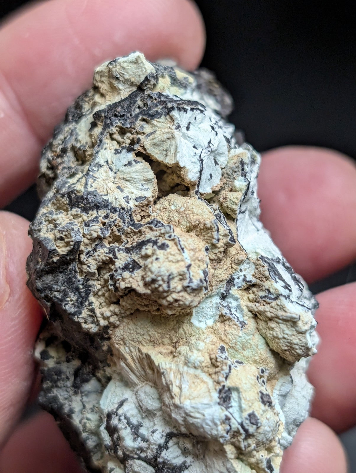 A rugged, irregularly shaped mineral specimen with a mottled surface of white, gray, and tan hues.
