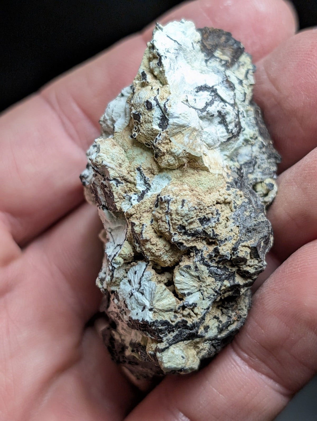 A rugged, irregularly shaped mineral specimen with a mottled surface of white, gray, and earthy yellow tones.