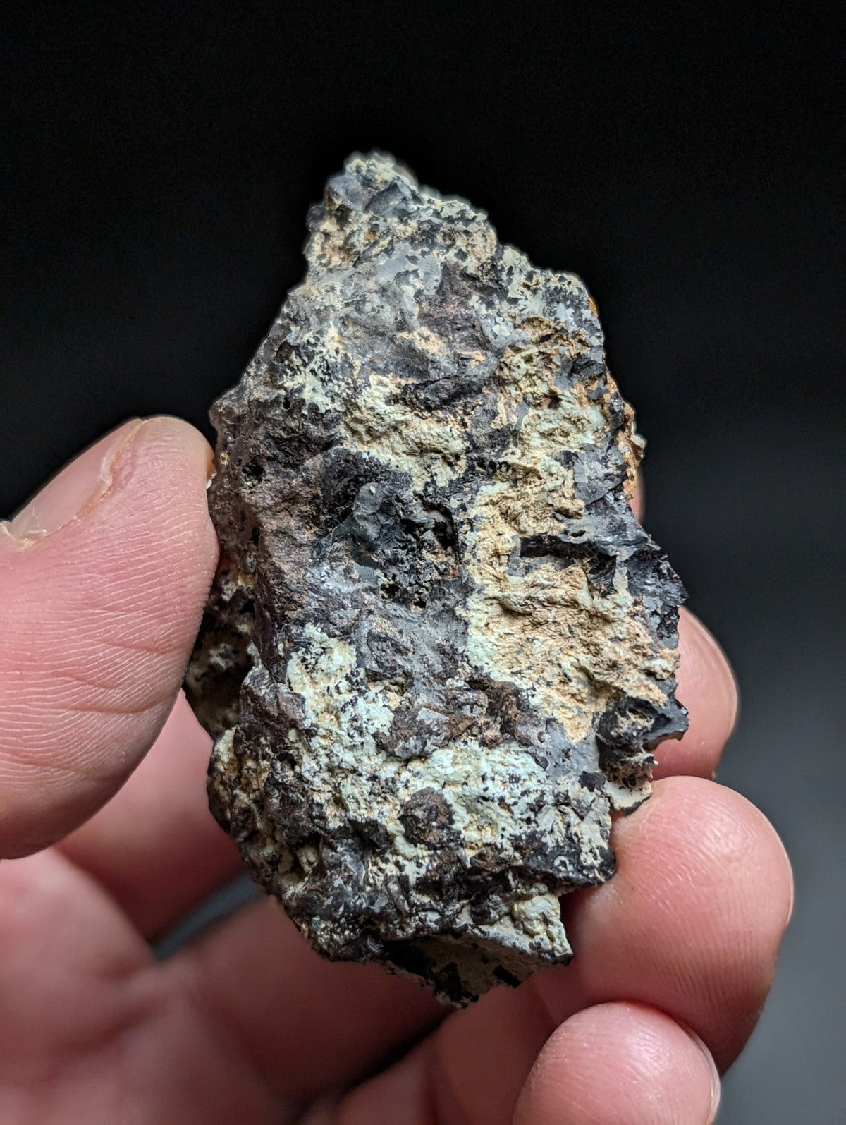 A rugged, irregularly shaped meteorite with a mottled surface of dark gray and light beige patches.