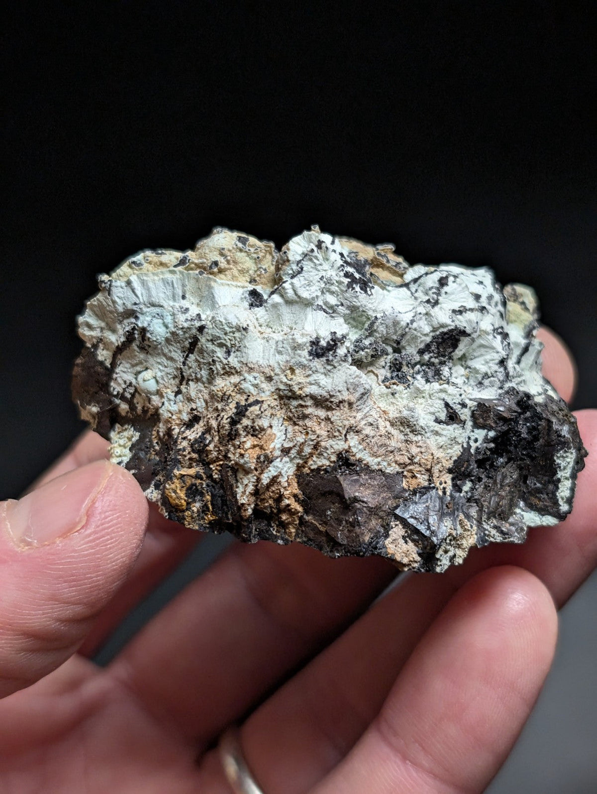 A rugged, irregularly shaped mineral specimen with a mottled surface of white, gray, black, and earthy brown tones.