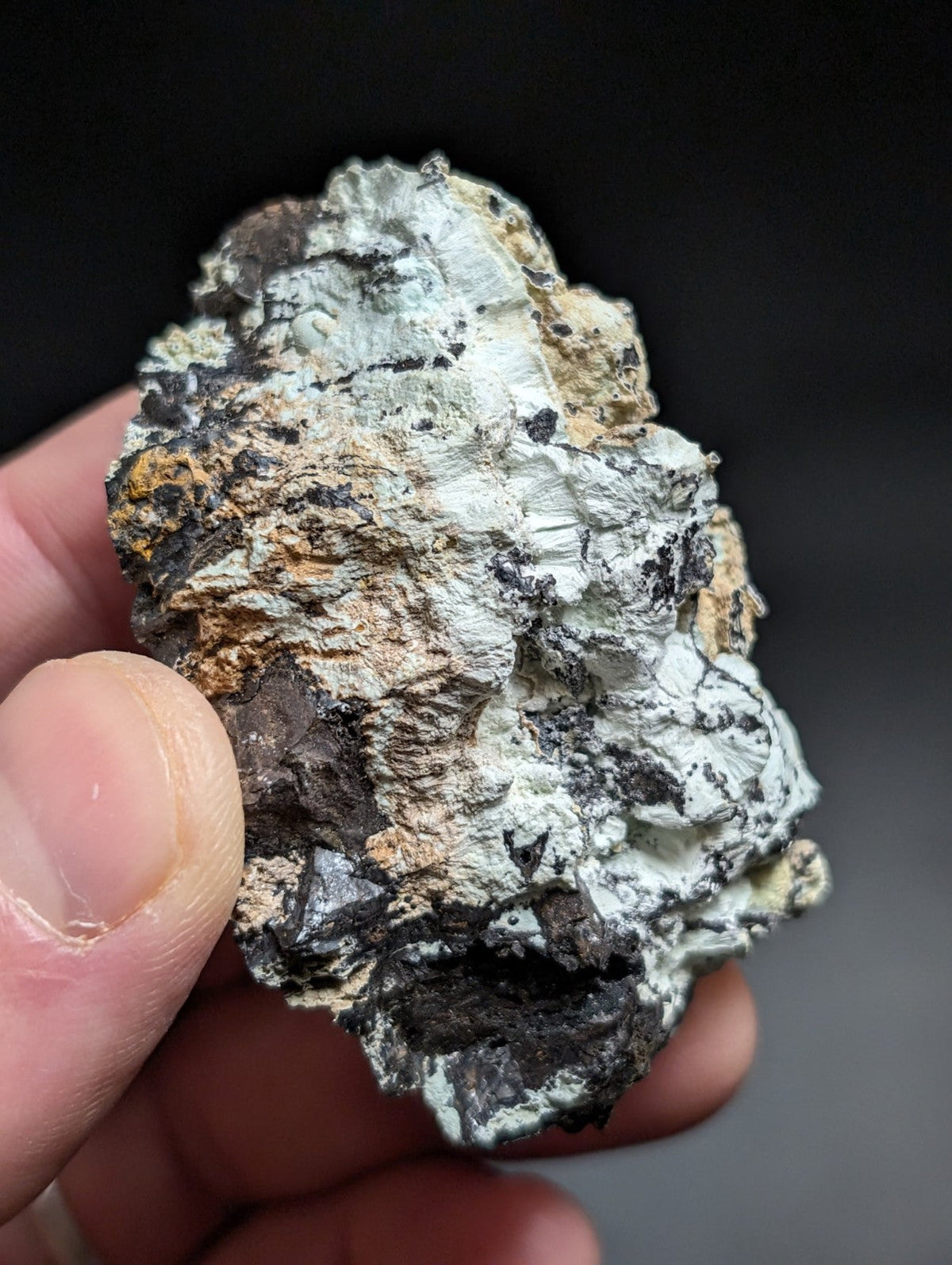 A rugged, irregularly shaped mineral specimen with a mottled surface of white, gray, black, and earthy brown tones.