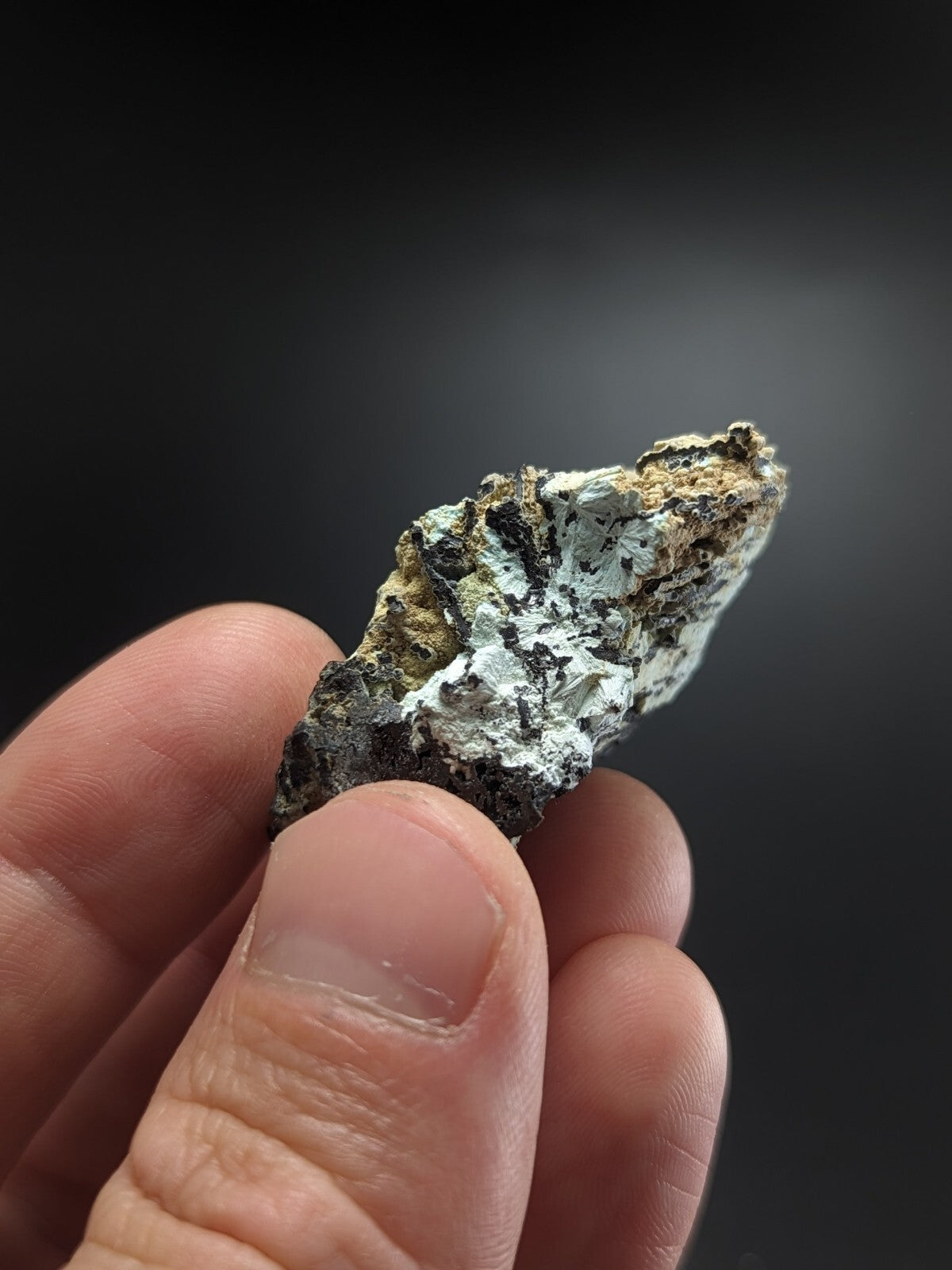 A hand holds a rough, irregularly shaped mineral specimen with patches of white and black crystalline formations interspersed with earthy brown matrix.