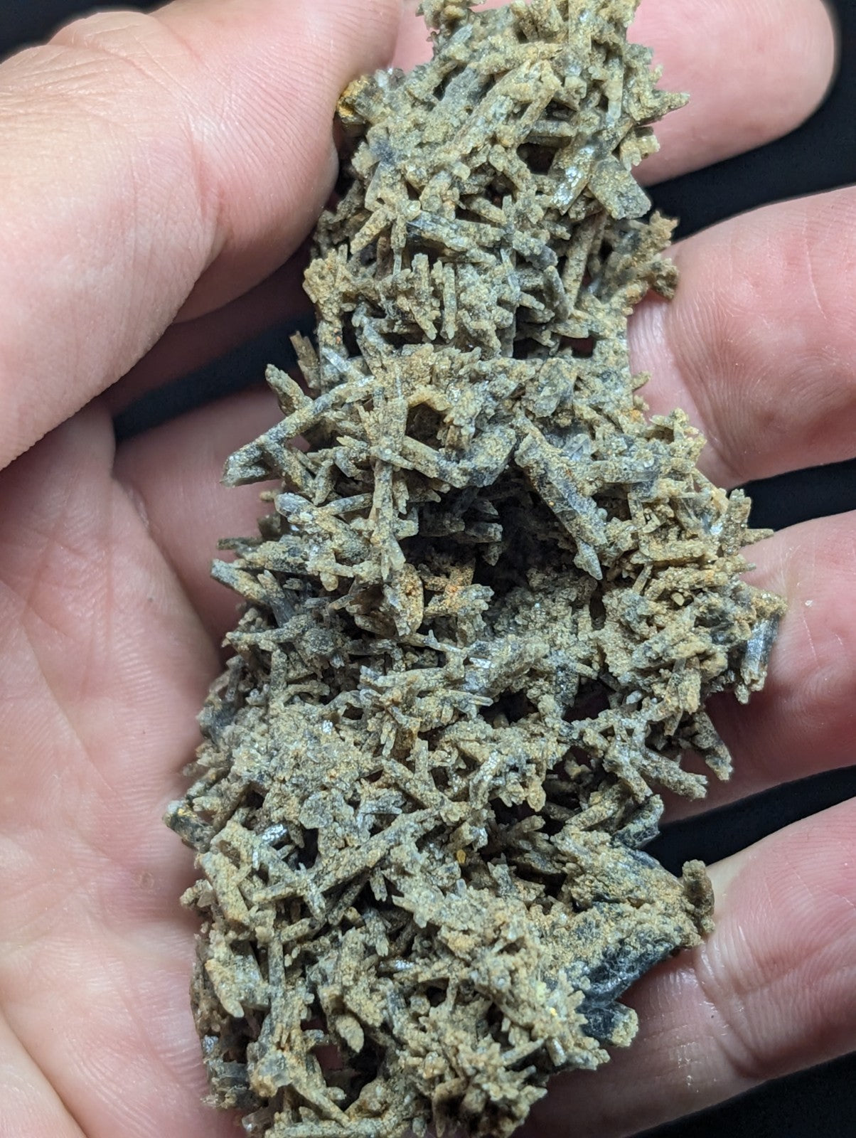 A hand holds a cluster of greenish-gray, needle-like mineral crystals with intricate branching patterns.