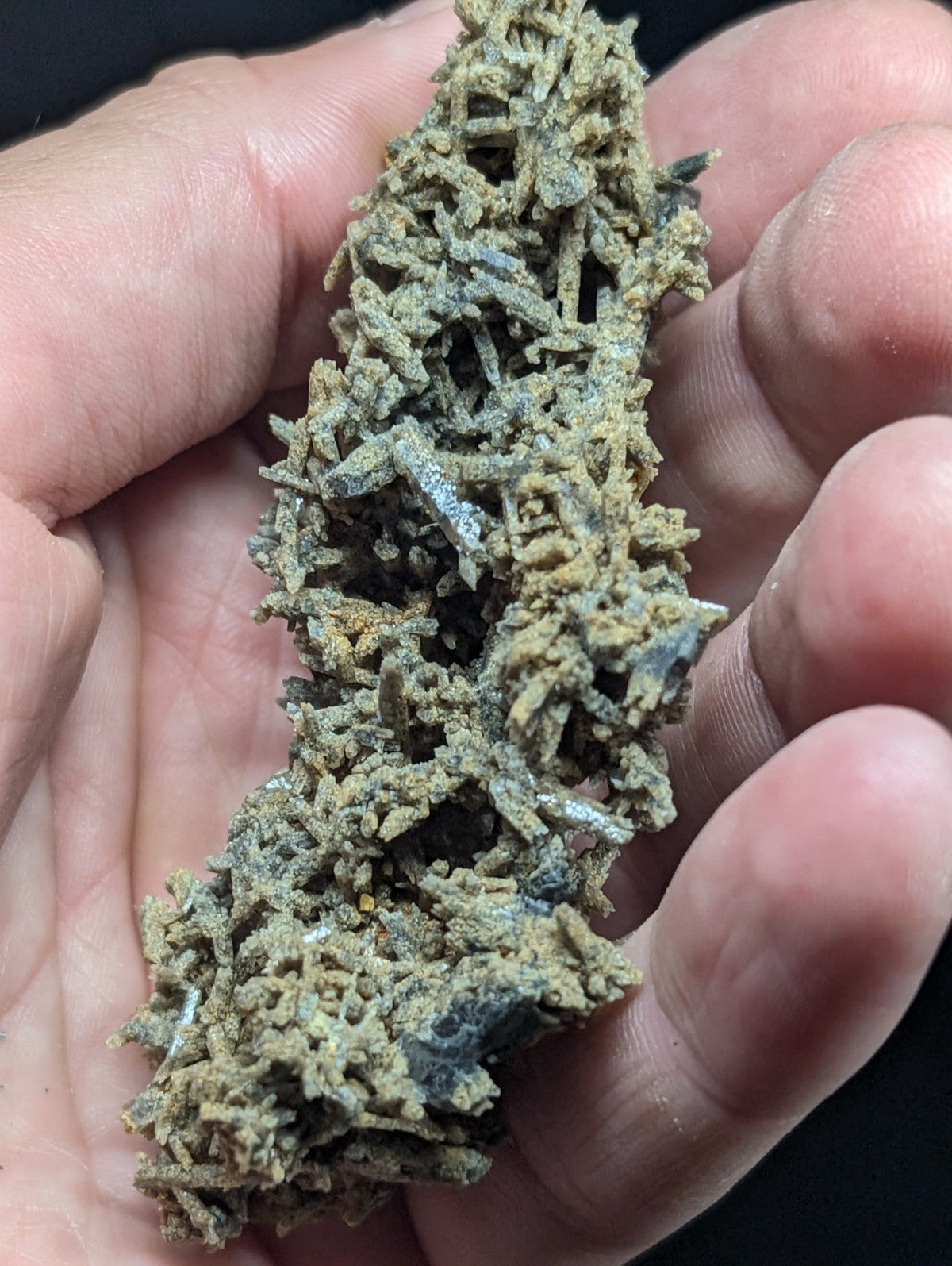 A textured, greenish-gray mineral specimen with intricate crystalline formations and metallic sheen.