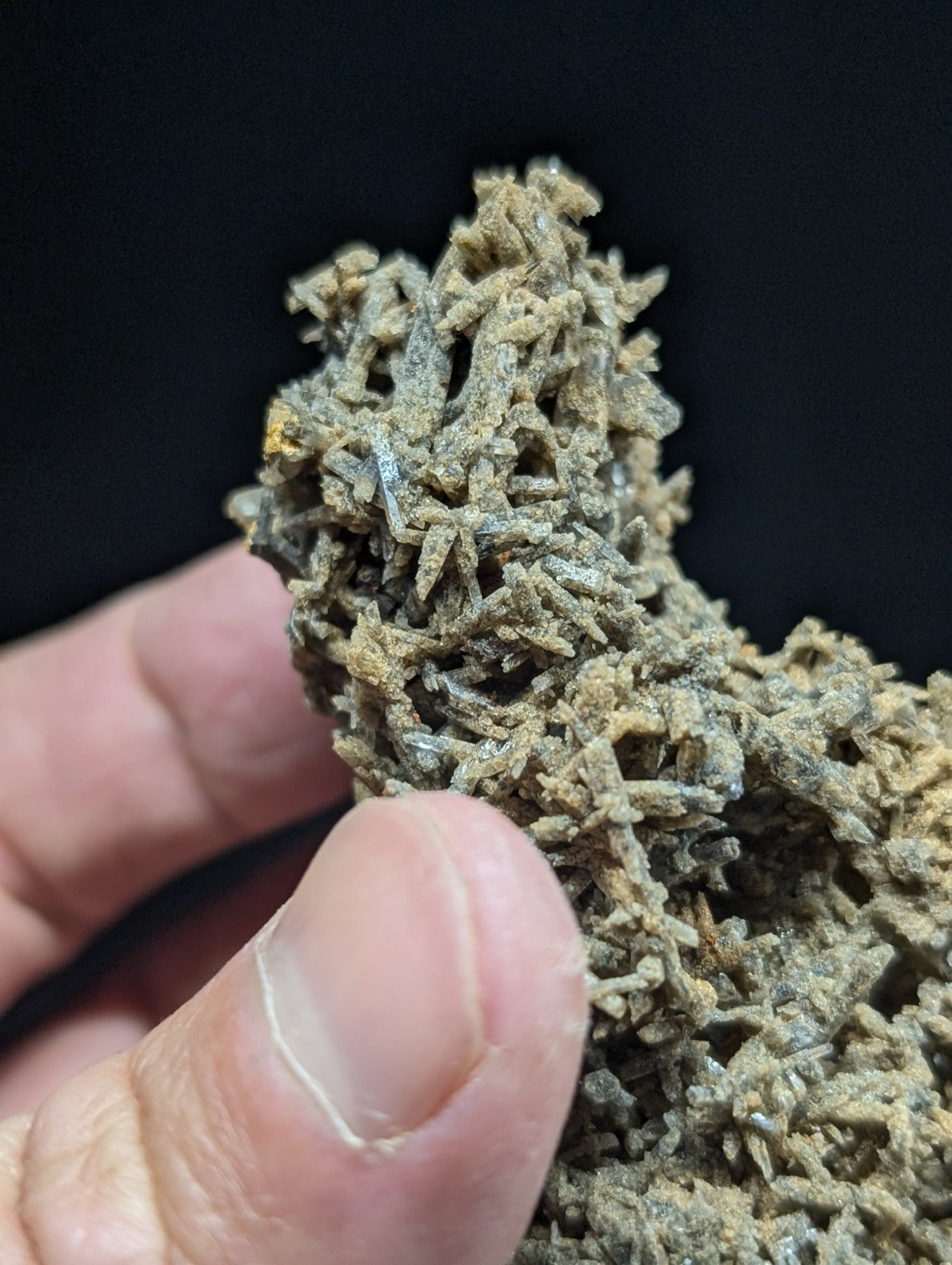 A textured, mossy green and gray mineral specimen with intricate crystalline formations.