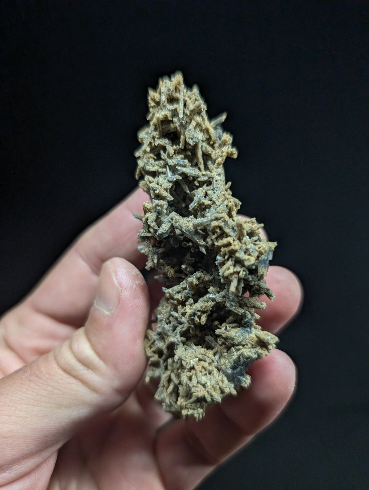 A textured, mossy-green mineral specimen with intricate crystalline formations.