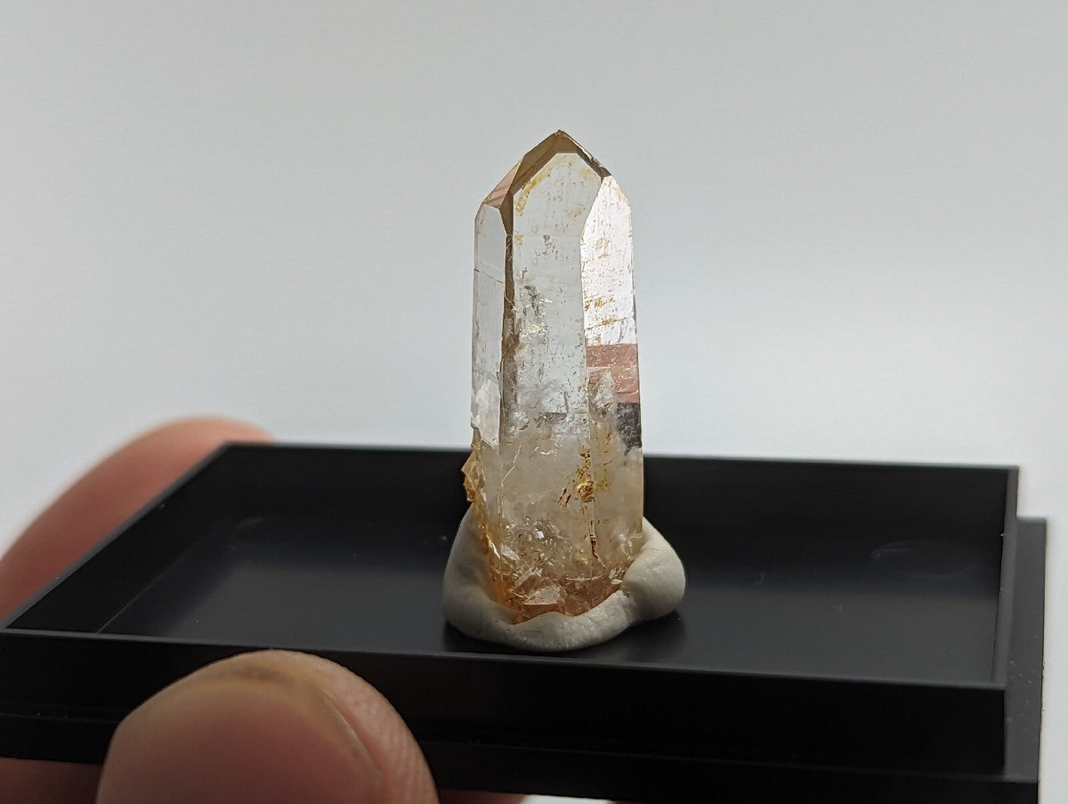 A translucent golden-hued quartz crystal with a pointed tip, mounted on a white base within a black display tray.