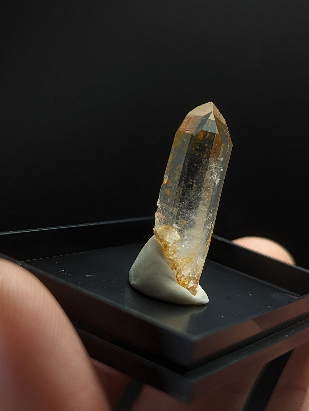 A translucent golden-yellow citrine crystal with a pointed, faceted top and natural inclusions stands upright on a white ceramic pedestal inside a black display box.