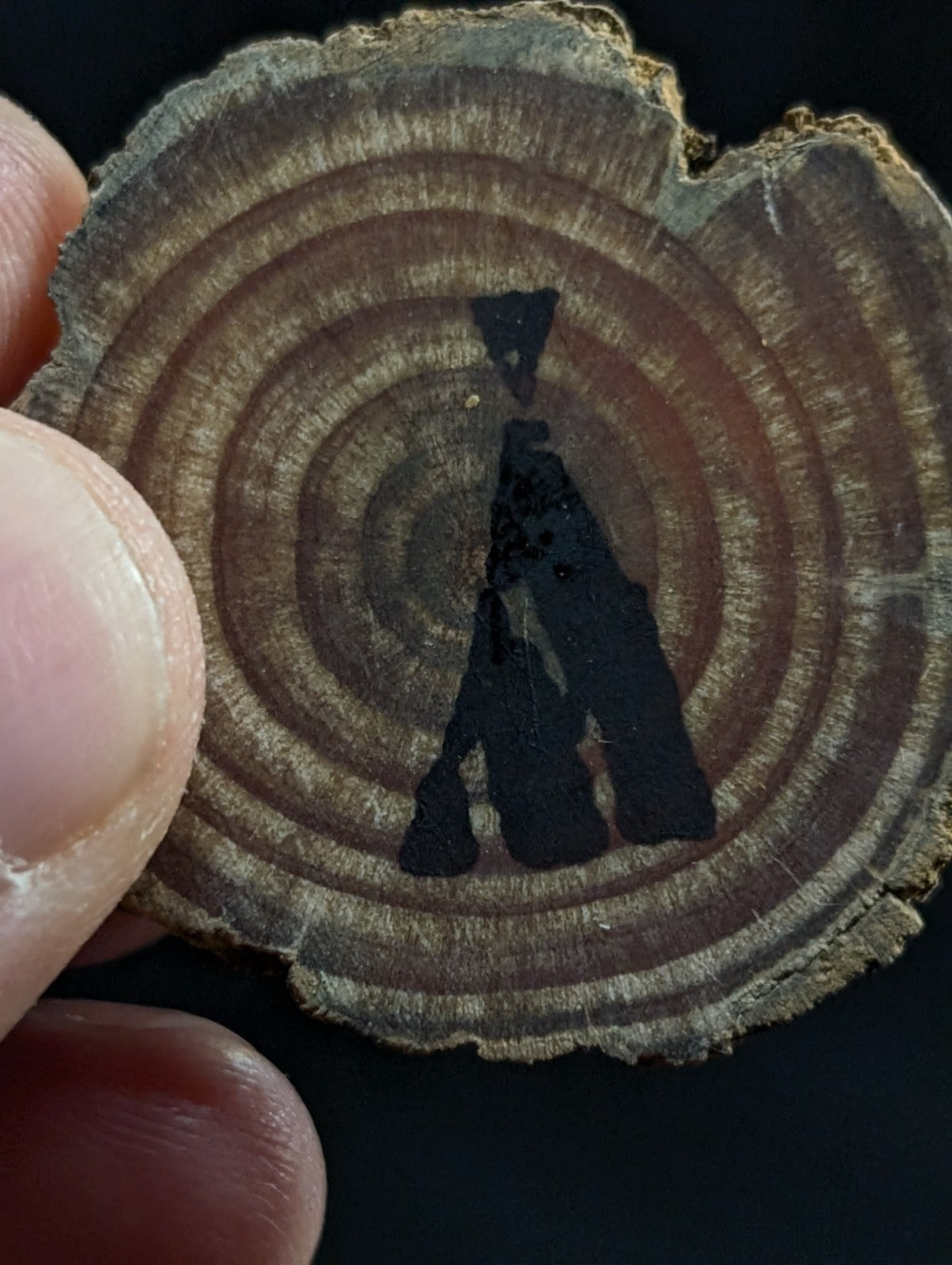 A hand holds a circular, rustic wood slice with visible growth rings and natural bark edges, featuring a black-painted silhouette of an arrowhead design.