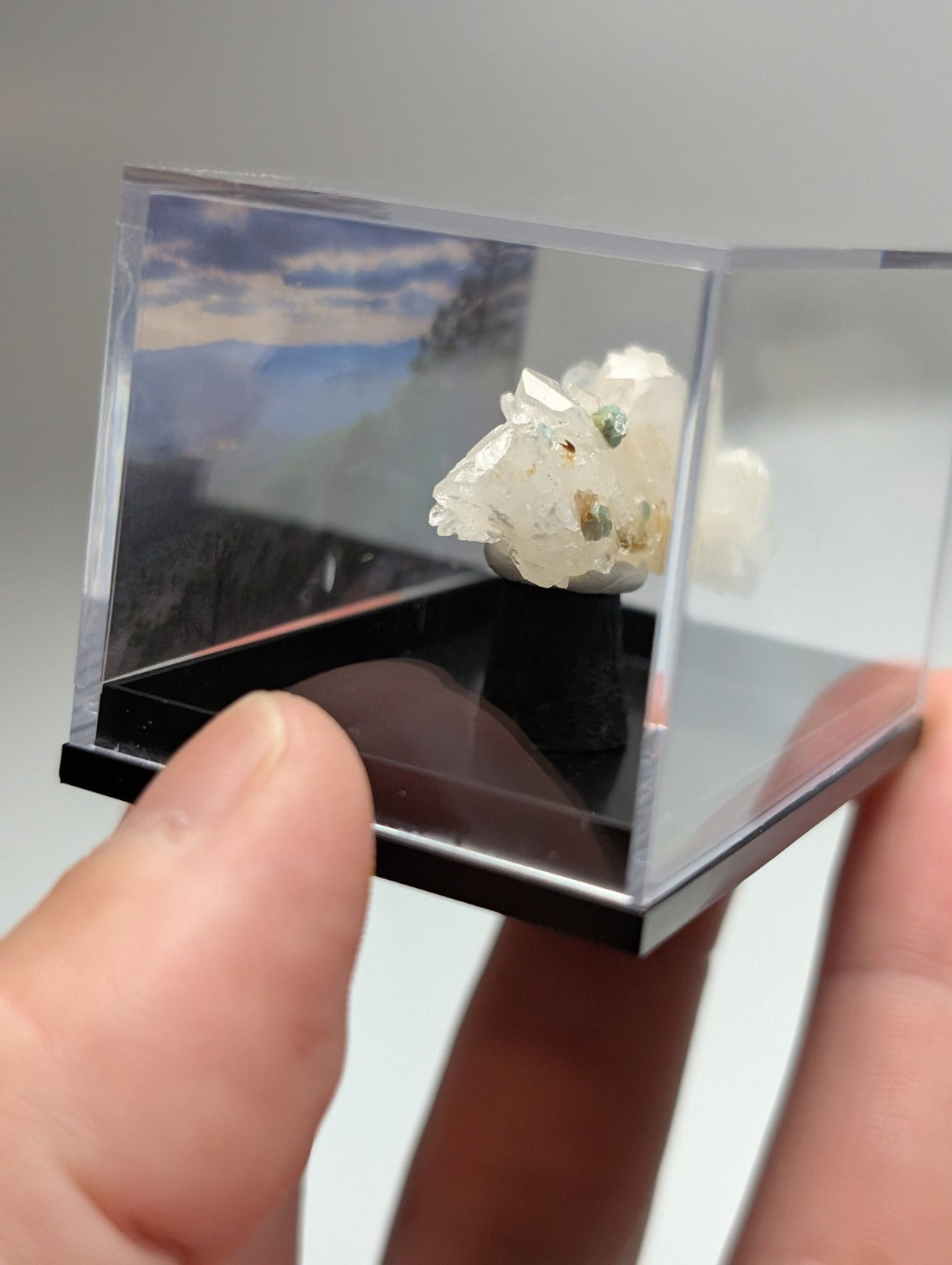 Quartz crystal cluster with blue-green cookeite featuring delicate translucent white mineral and subtle green inclusions in display case