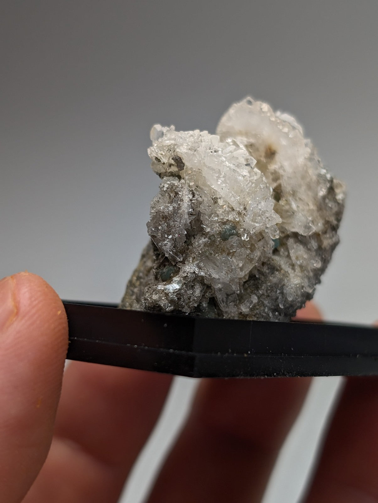 Quartz crystal cluster with blue-green cookeite from saline county Arkansas in a black holder showing translucent gray hues