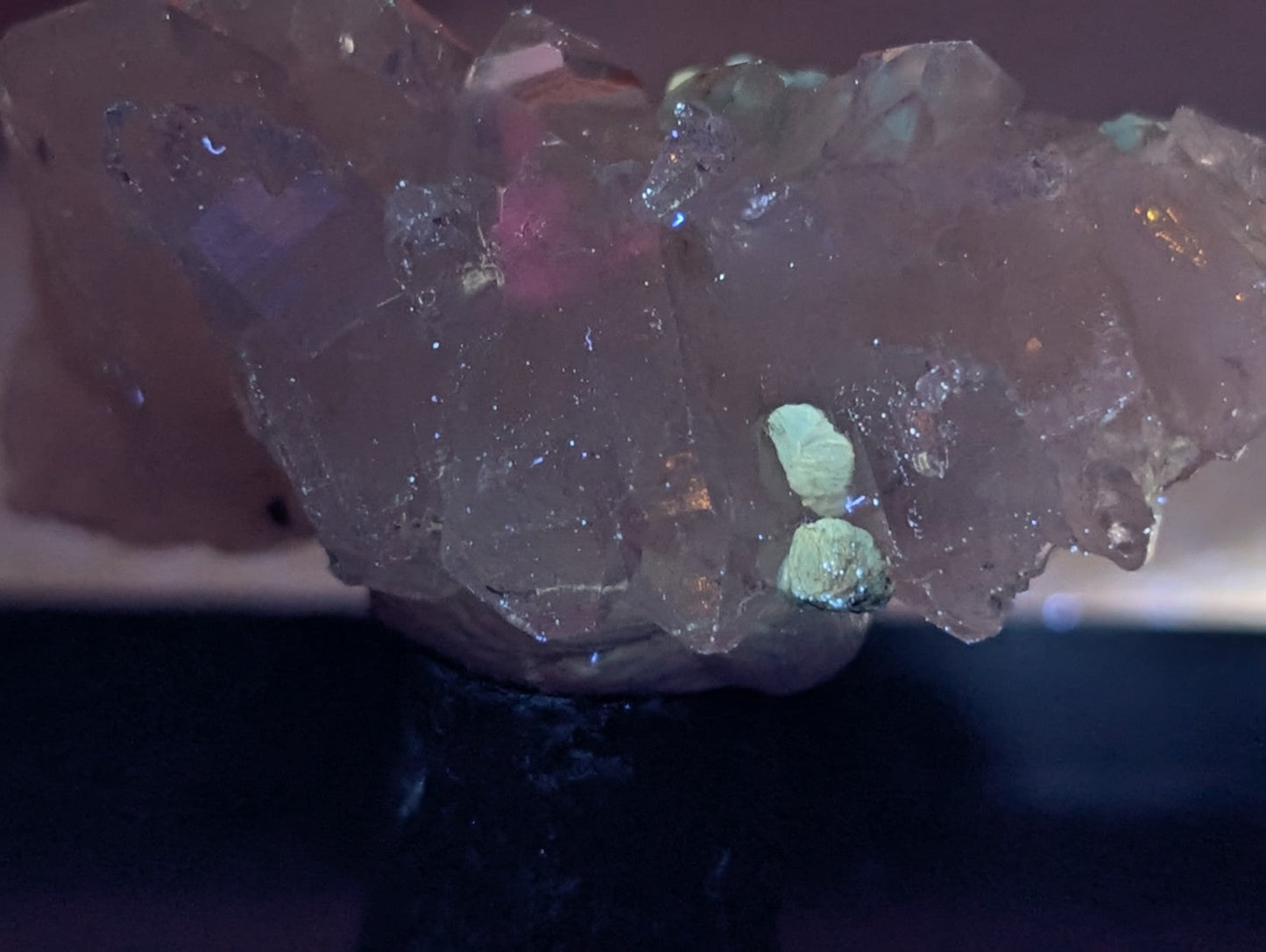 Quartz crystal cluster with pale pink hue and blue-green cookeite nodules from Saline County Arkansas under UV light