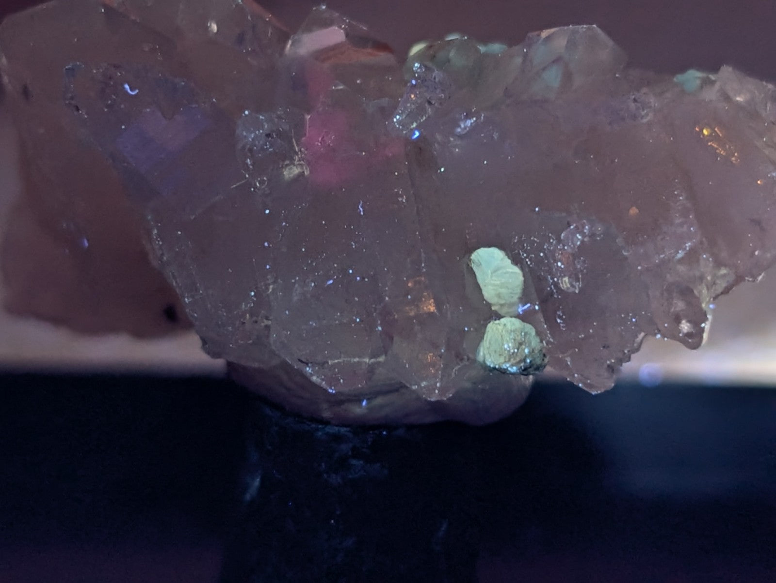 Quartz crystal cluster with pale pink hue and blue-green cookeite nodules from Saline County Arkansas under UV light