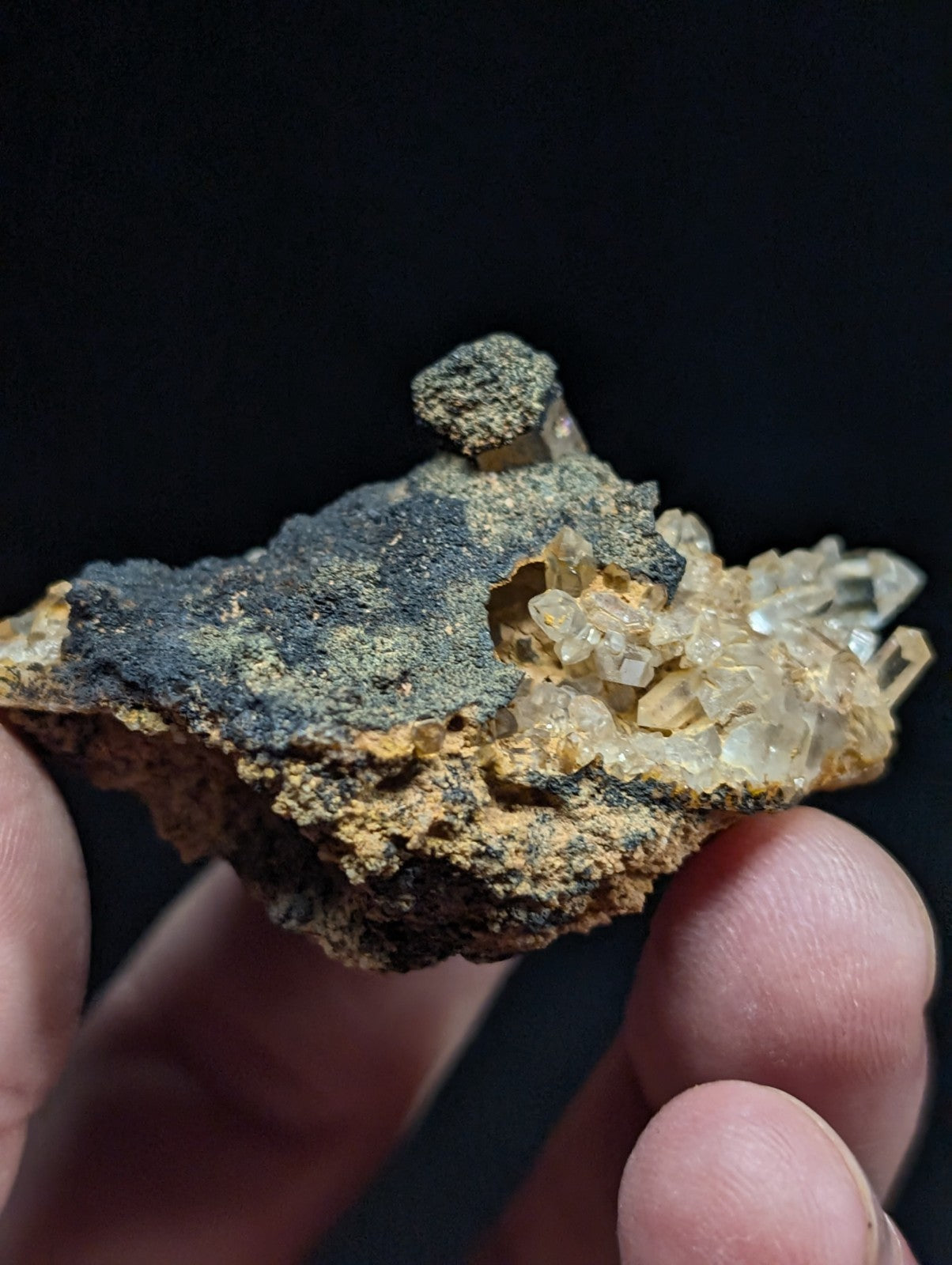 A hand holds a geological specimen featuring translucent, golden-yellow crystals emerging from a rugged matrix of dark gray and earthy brown rock.