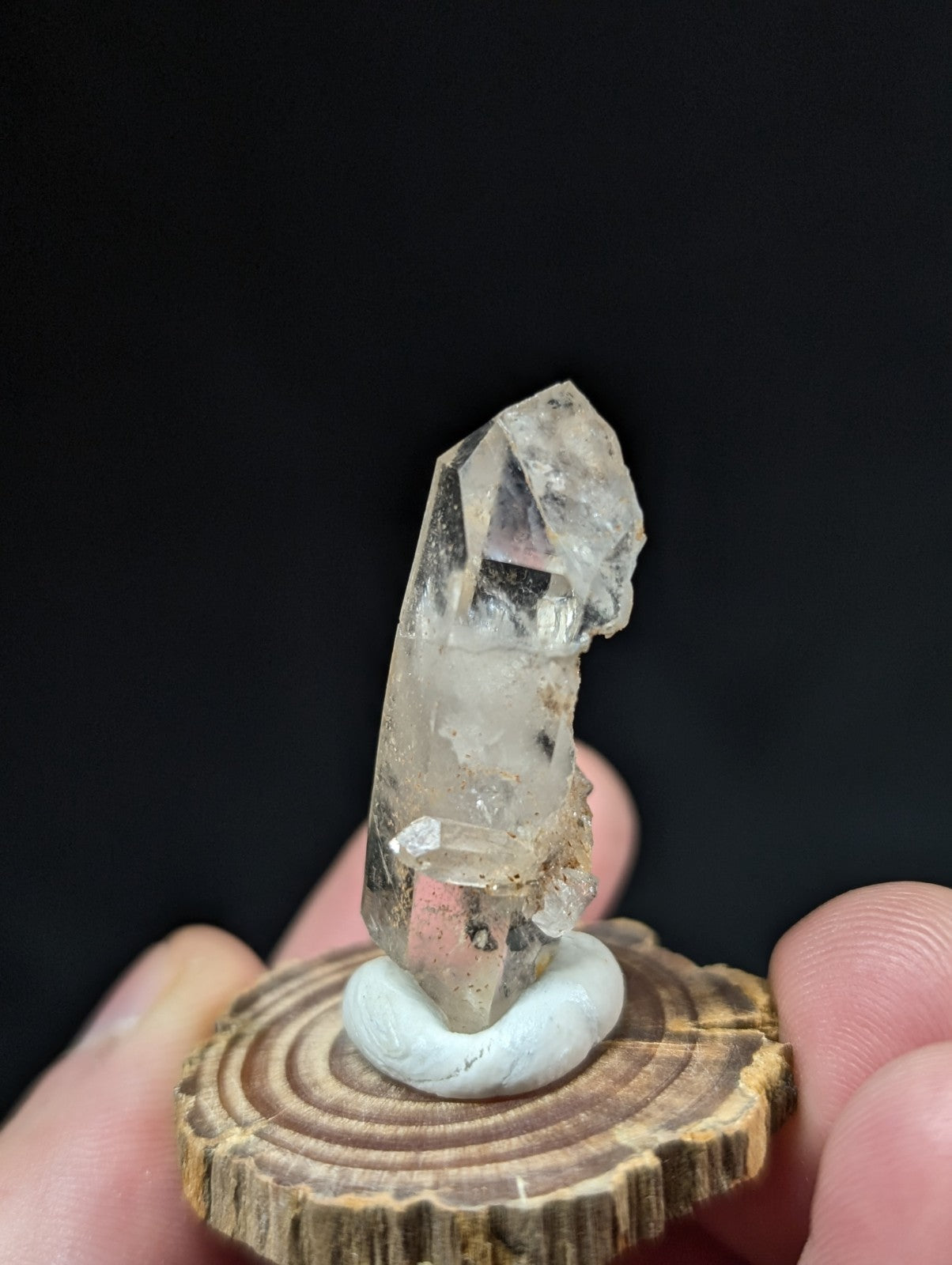 A clear quartz crystal with a pointed tip and natural facets, displayed on a rustic wooden slice base.