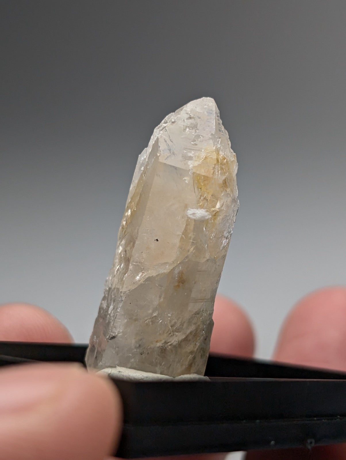 A translucent pale yellowish quartz crystal point with uv reactive cookeite from saline county arkansas usa