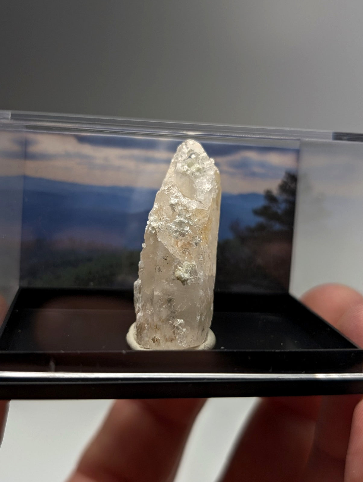 Quartz crystal point with UV reactive pale yellow cookeite and silver inclusions from Saline County Arkansas USA