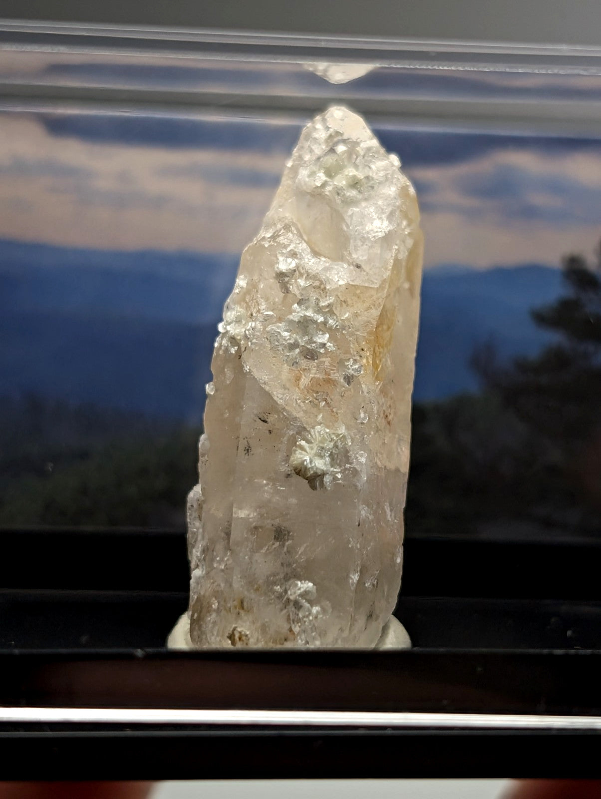 Quartz crystal point with UV reactive pale yellow cookeite showing rough surface and internal inclusions from Arkansas USA