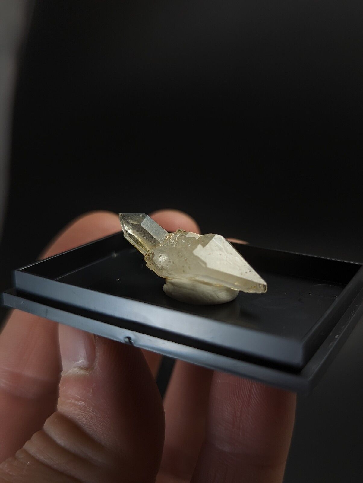 Translucent crystal specimen in a black display case.