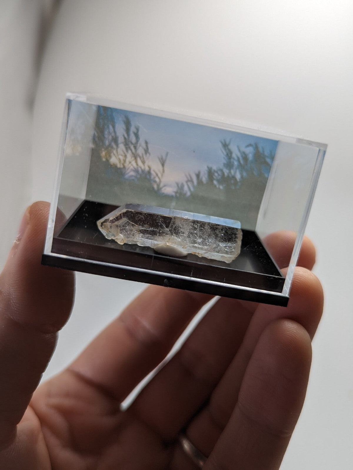 A clear, translucent quartz crystal with natural facets and internal inclusions rests inside a transparent acrylic display case.