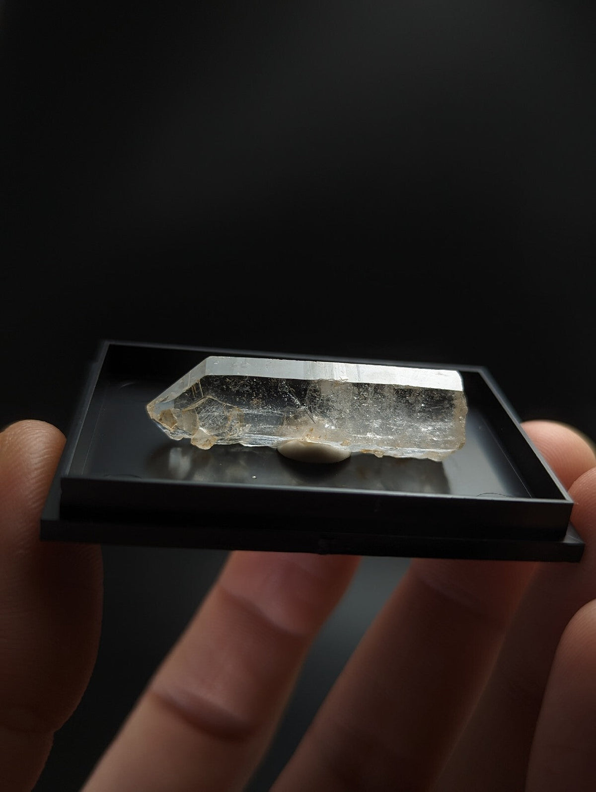 A translucent, clear quartz crystal with a pointed tip and visible internal inclusions rests on a black display tray.