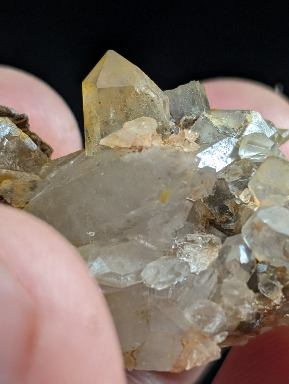 A translucent yellow and clear quartz crystal cluster with sharp, faceted points.