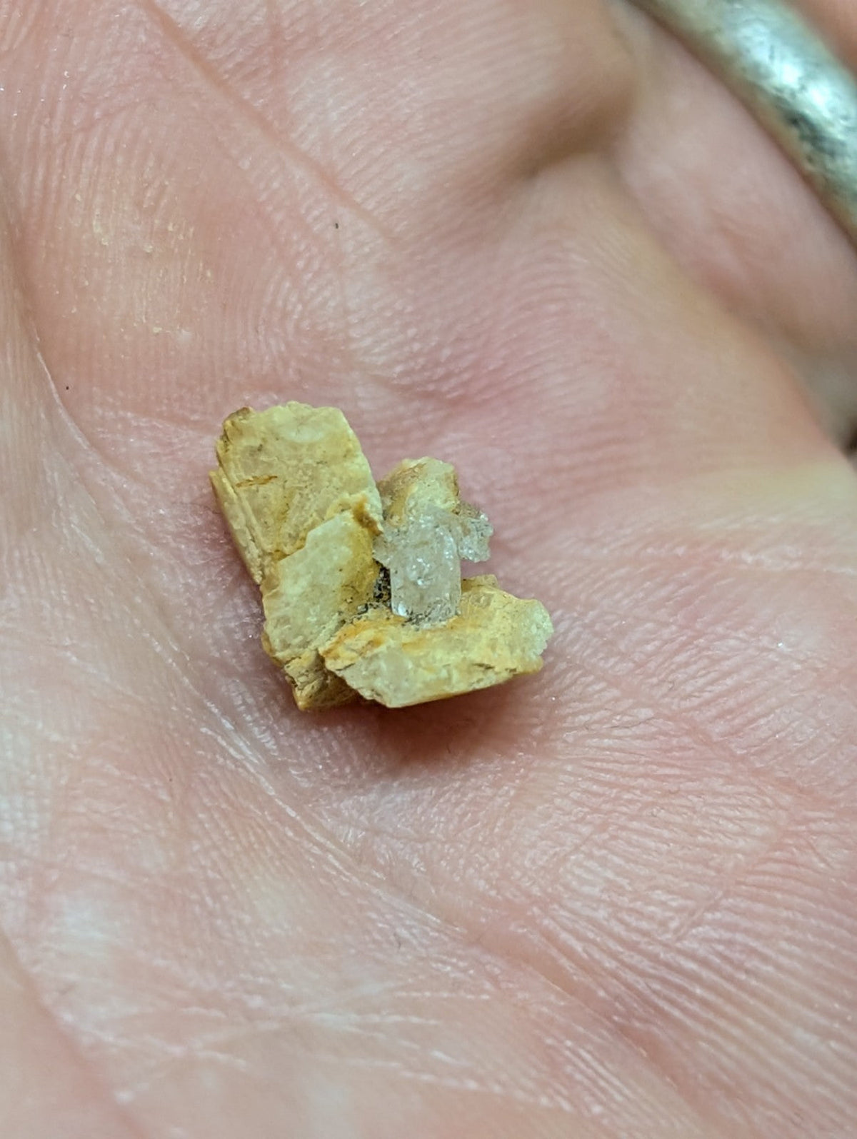 A small, irregularly shaped piece of yellowish mineral with a translucent crystal embedded in it.