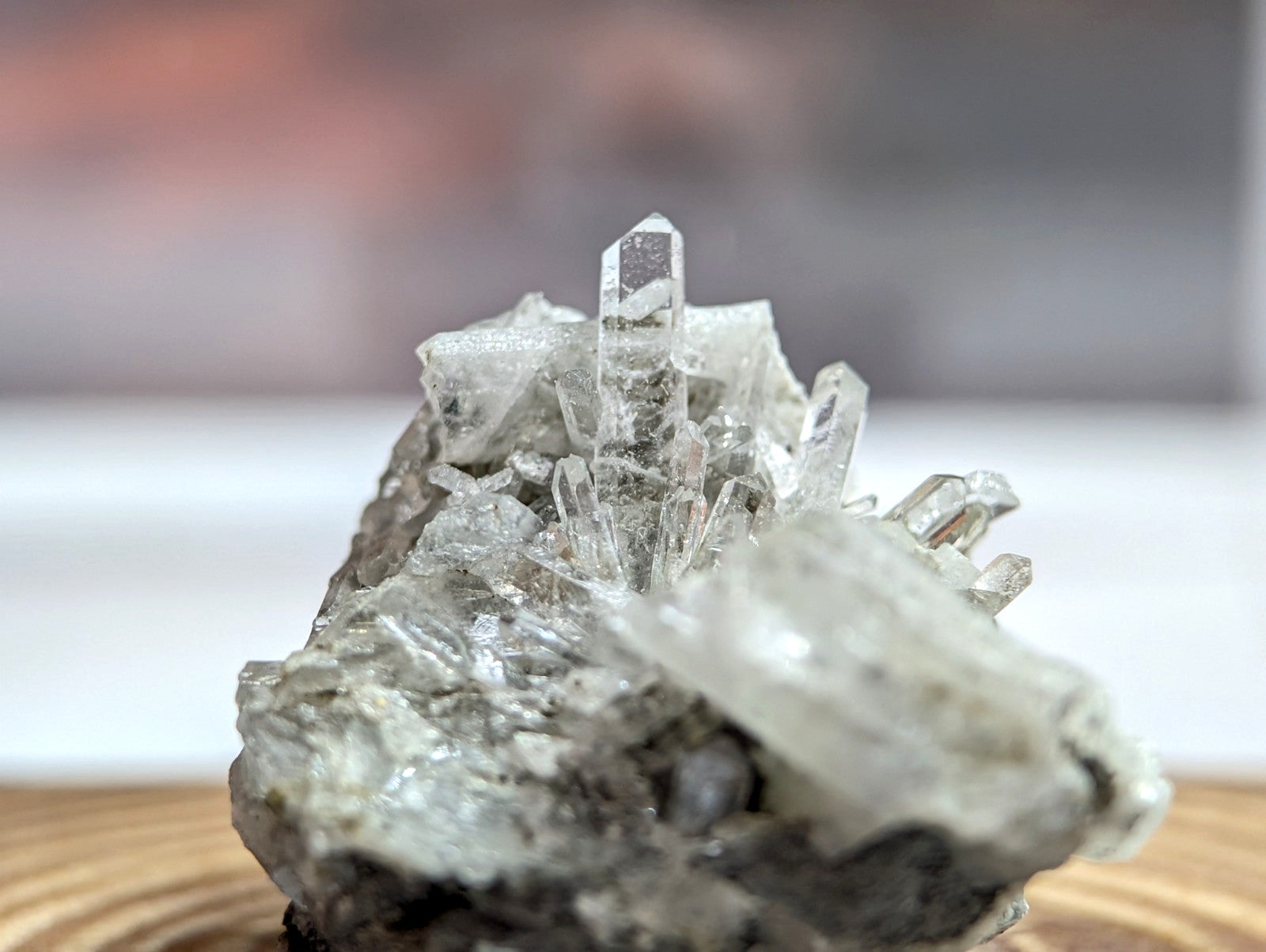 A clear quartz crystal cluster emerging from a gray, rocky base.