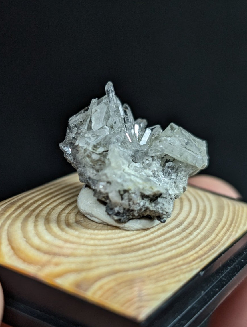 A translucent gray quartz crystal cluster with sharp, faceted points emerging from a dark mineral matrix.